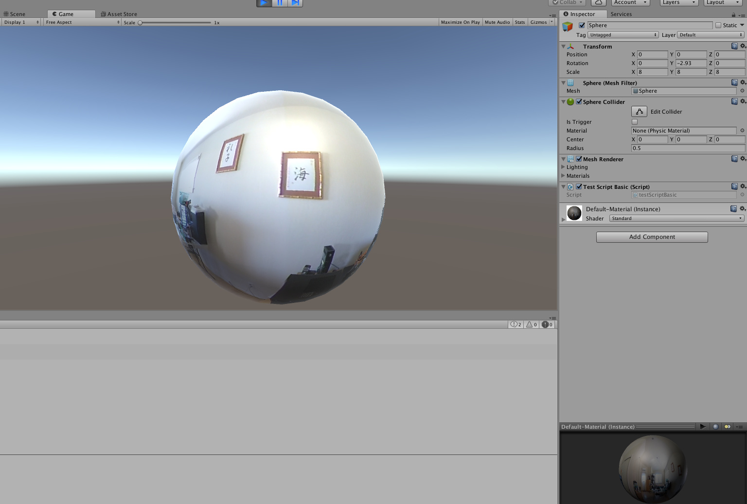 Default material. -Unity- webcam. Physic material Unity Sphere.